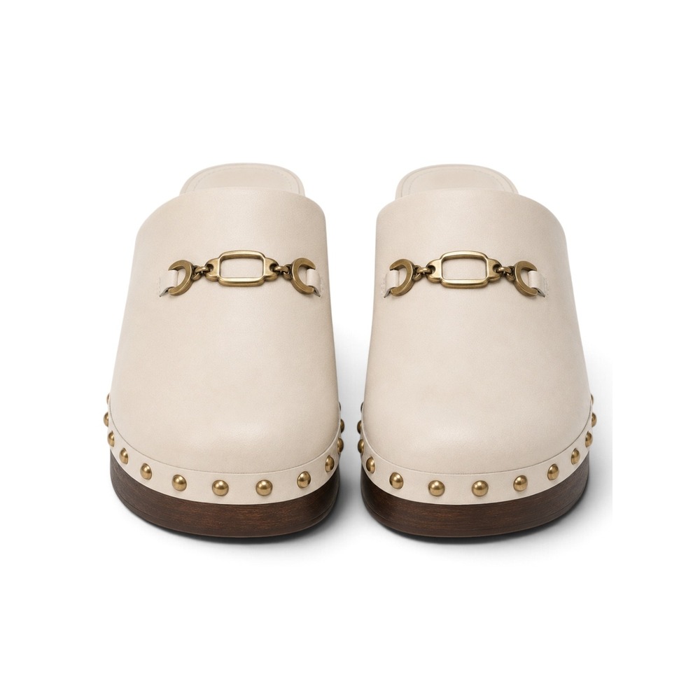 Larroudé Zuzi Ivory Leather Retro Horsebit Clog Mules Studded Wood Heel 6 NWOT - Picture 5 of 11